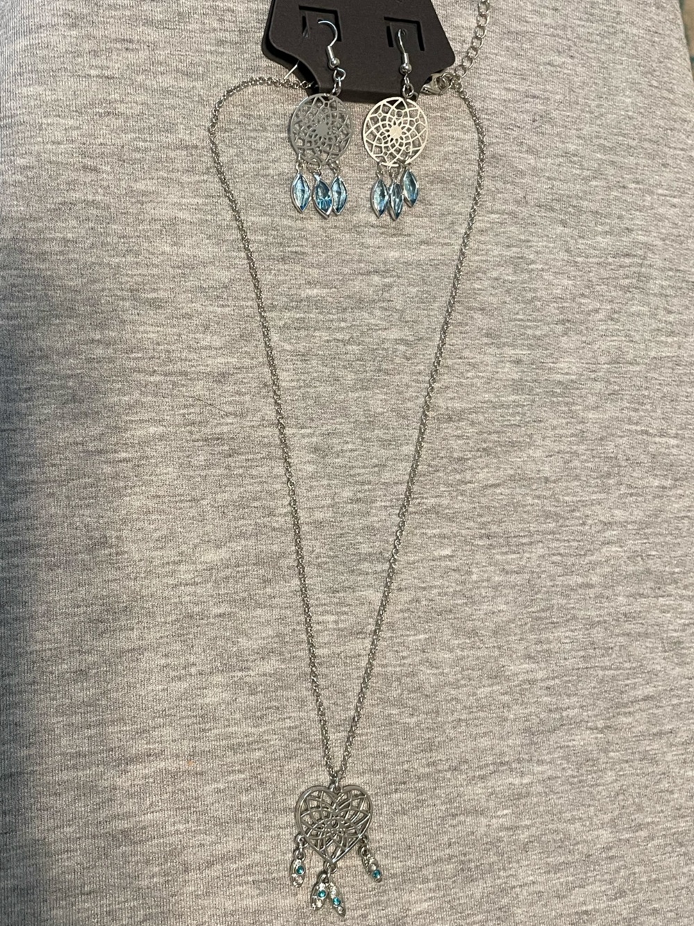 Silver Dreamcatcher Necklace & Earrings Set with Swavarski Light Blue Crystals